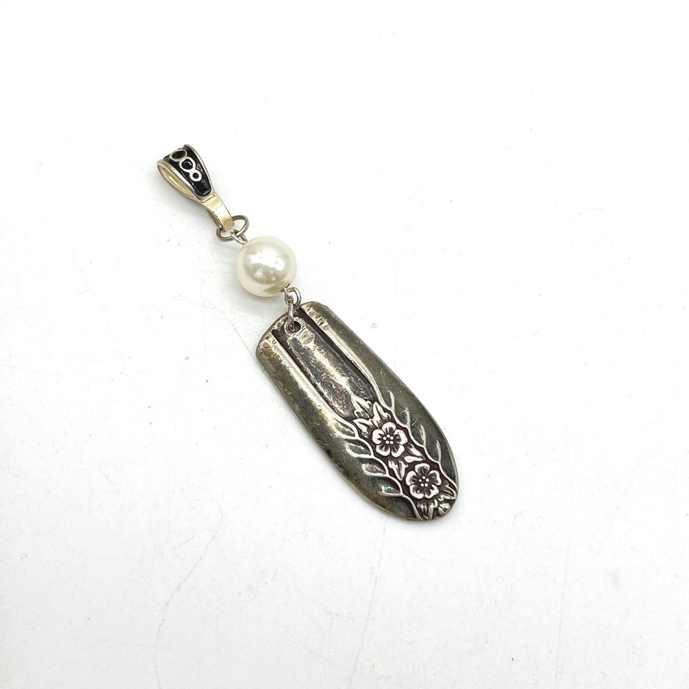 Vintage Repurposed Spoon Handle Floral Pendant with Faux Pearl Silver Tone